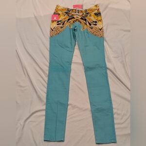 NWT Designer Manish Arora Notify Turquoise Multi Color Skinny Jeans Pants Sz 28